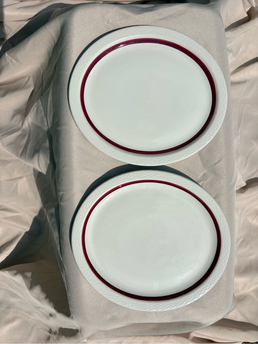 Vintage Jackson Custom China Set of 2 Oval Platters Burgundy Stripe Diamond Rim